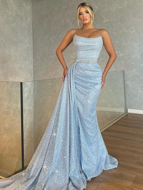 Luolandi Sheath/Column Ruched Strapless Sleeveless Sweep/Brush Train Dress Sexy Evening Dress